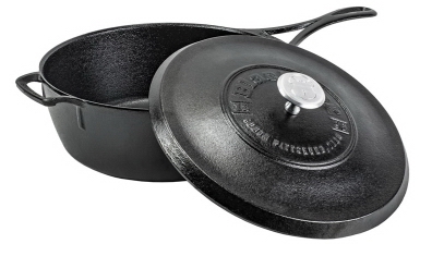 Bayou Classic Black Cast Iron Enameled Fajita Pan with Wooden Trivet